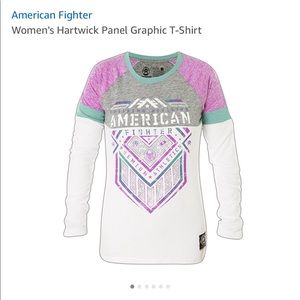 L/S American Fighter shirt. White purple & teal.